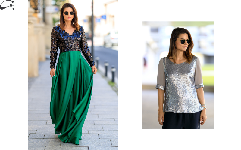 Rochie-Eleganta-Lunga-Satin-Verde-Paiete-Negre-Si-Bluza-Argintie-Cu-Paiete