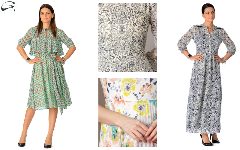 Femeie-imbracata-in-rochie-midi-verde-cu-volanase-si-rochie-lunga-alb-albastru-doua-tesaturi-de-aproape