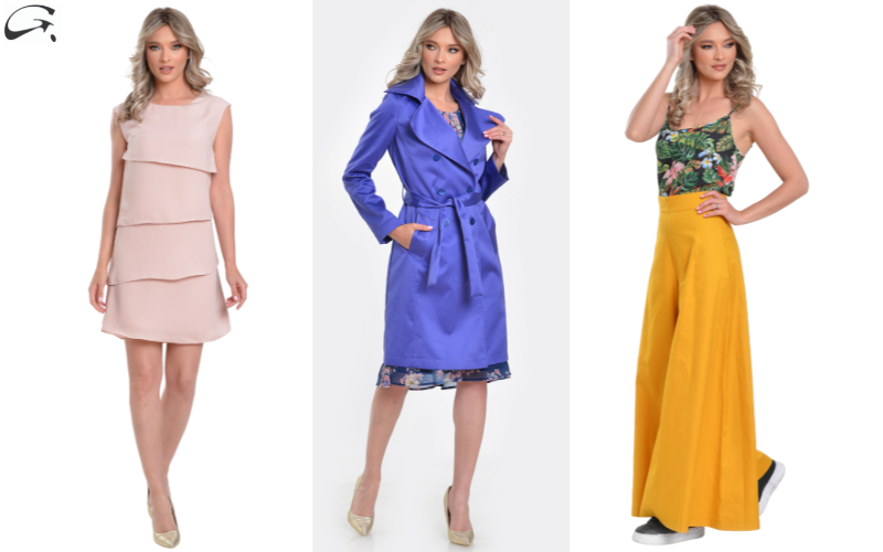 Aceeasi-Femeie-Imbracata-In-Trei-Tinute-Diferite-O-Rochie-Roz-Midi-Volanase-Suprapuse-Un-Trench-Albastru-Pantaloni-Palazzo-Galbeni-Si-Maieu-Cu-Flori